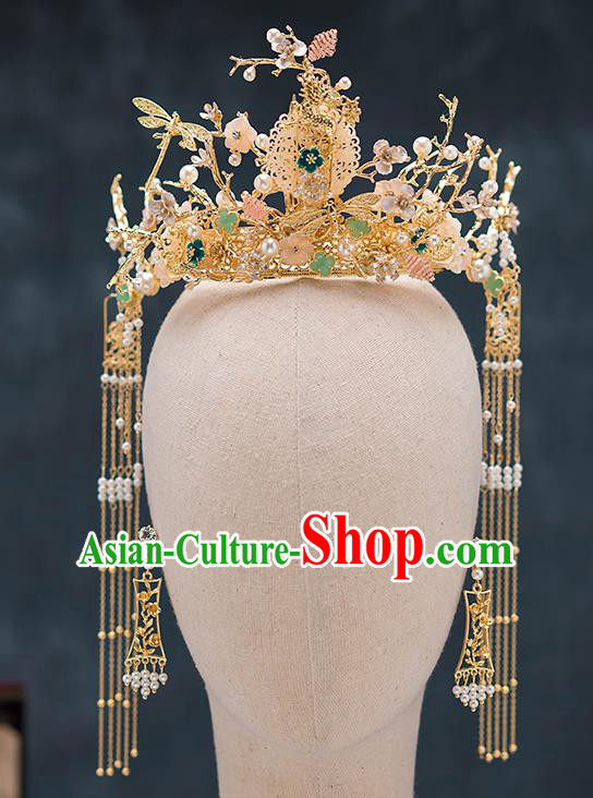 Chinese Ancient Palace Hair Accessories Tassel Hairpins Traditional Bride Jade Phoenix Coronet for Women