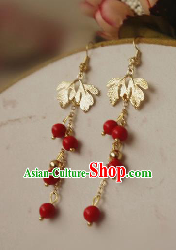 Chinese Ancient Hanfu Jewelry Accessories Traditional Wedding Red Beads Tassel Earrings for Women