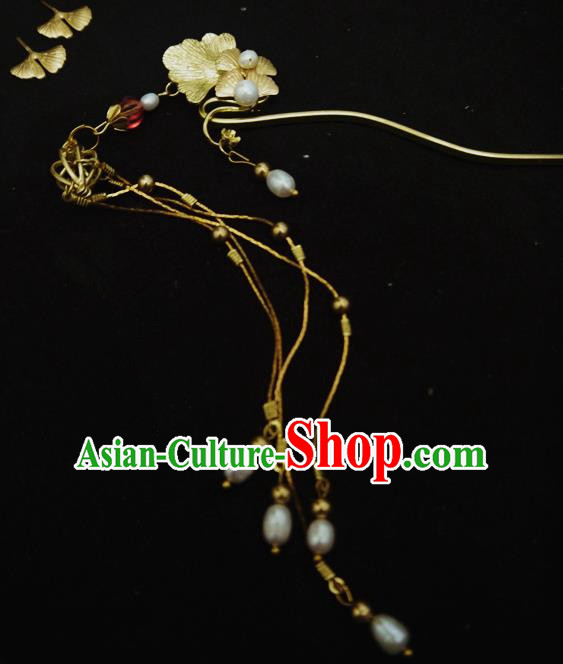 Chinese Ancient Hair Accessories Traditional Bride Hanfu Pearls Tassel Ginkgo Hairpins for Women