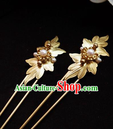 Chinese Ancient Hair Accessories Golden Leaf Hair Clip Traditional Bride Hanfu Hairpins for Women
