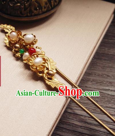 Chinese Ancient Hair Accessories Classical Pearls Golden Hair Clip Traditional Bride Hanfu Hairpins for Women