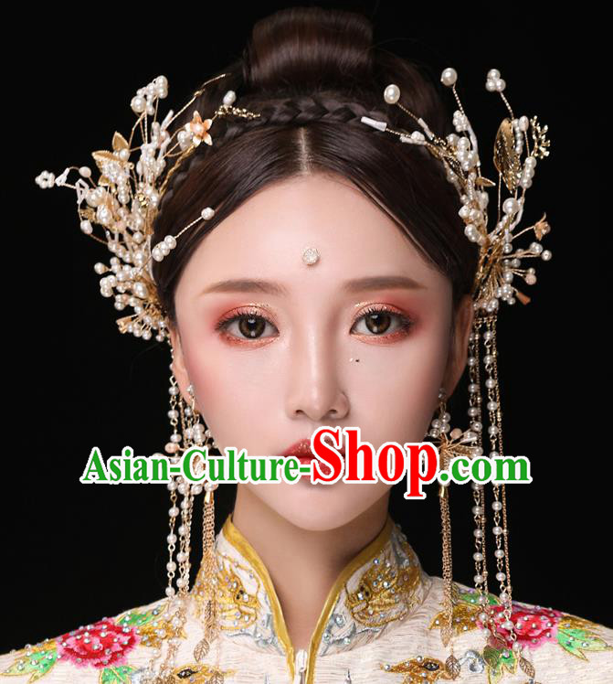 Chinese Ancient Bride Hair Accessories Traditional Wedding Pearls Tassel Hair Clasp Hanfu Hairpins for Women