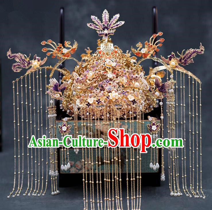 Chinese Ancient Bride Hair Accessories Traditional Wedding Cloisonne Purple Phoenix Coronet Hanfu Hairpins for Women