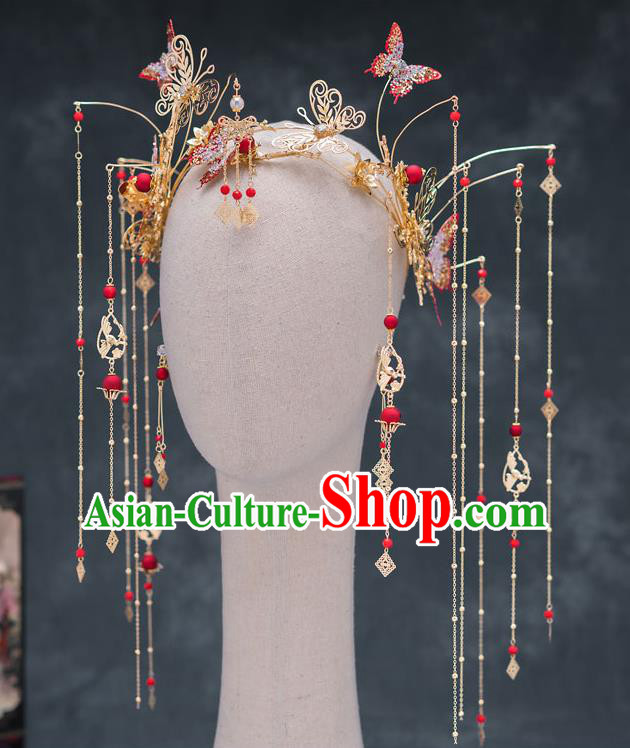Chinese Ancient Bride Wedding Hairpins Traditional Red Butterfly Phoenix Coronet Hair Accessories for Women