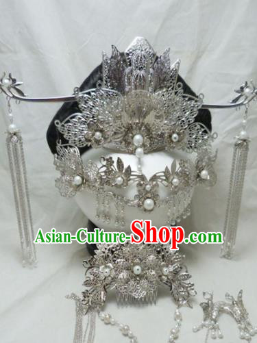 Chinese Ancient Palace Queen Hairpins Hair Accessories Traditional Argent Phoenix Coronet for Women