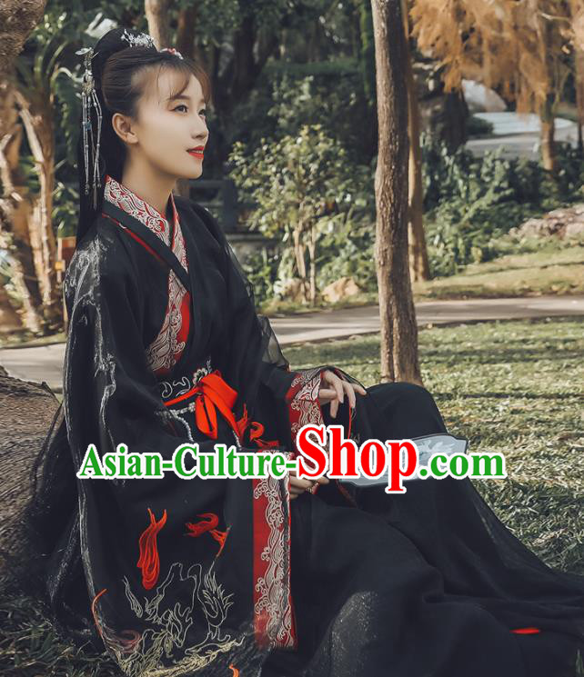 Traditional Chinese Jin Dynasty Swordswoman Replica Costumes Ancient Drama Peri Black Hanfu Dress for Women
