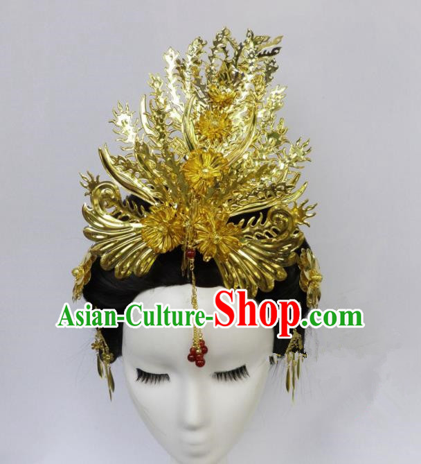 Chinese Ancient Queen Golden Phoenix Coronet Palace Hairpins Hair Accessories Traditional Hair Comb for Women