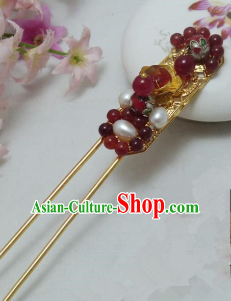 Chinese Ancient Hair Accessories Traditional Palace Red Beads Pearls Hairpins for Women