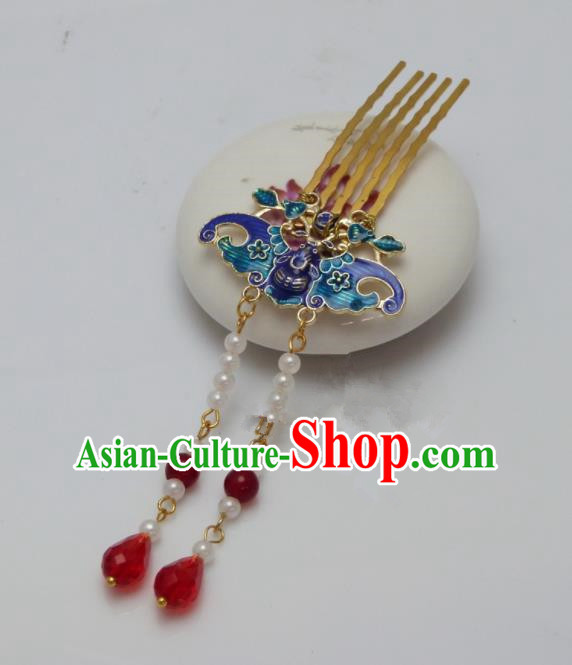 Chinese Ancient Qing Dynasty Queen Hair Accessories Traditional Palace Blueing Bat Hair Comb Hairpins for Women