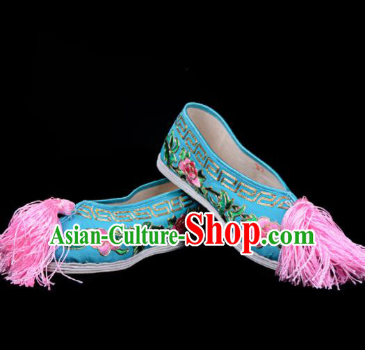 Professional Chinese Beijing Opera Diva Shoes Ancient Traditional Blue Embroidered Shoes for Women