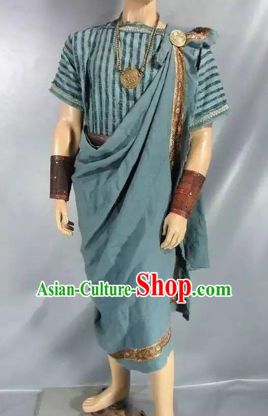 Traditional Greek Male Costume Ancient Greek Warrior Clothing Huntsman Blue Chitons for Men