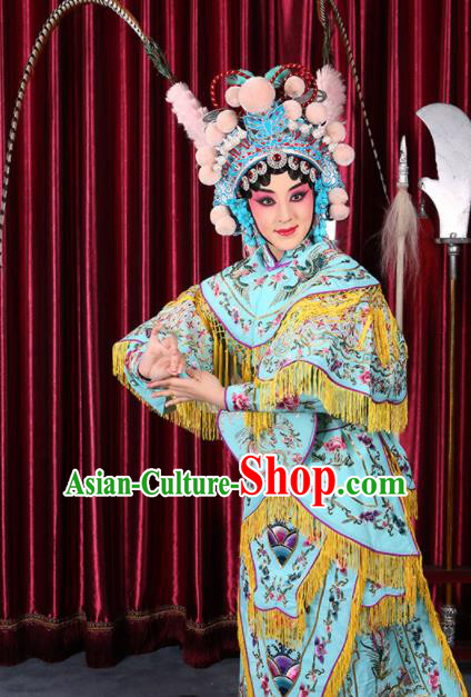 Professional Chinese Traditional Beijing Opera Magic Warriors Light Blue Costume for Adults
