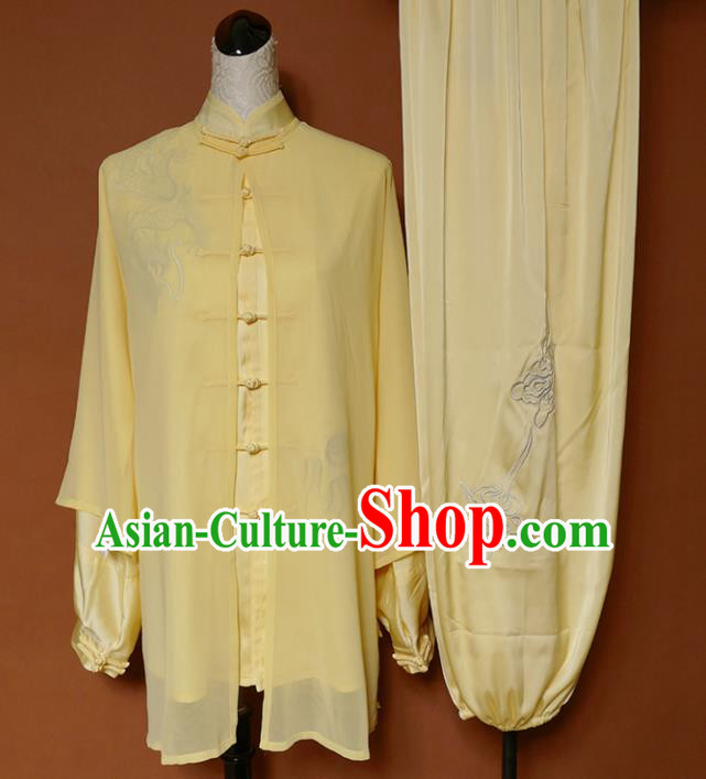 Top Grade Kung Fu Costume Martial Arts Training Tai Ji Embroidered Yellow Uniform for Adults