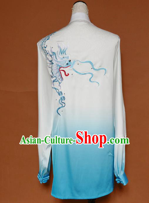 Top Grade Kung Fu Costume Martial Arts Training Tai Ji Embroidered Dragon Blue Uniform for Adults