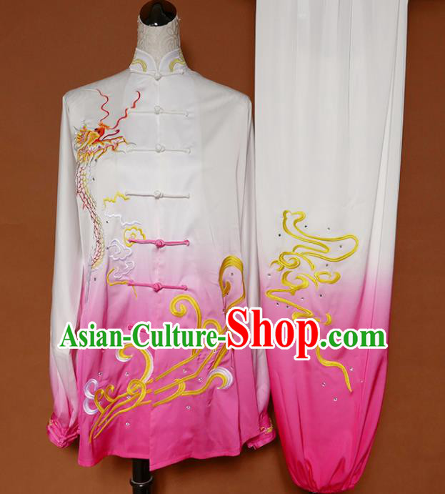 Top Grade Kung Fu Costume Martial Arts Training Tai Ji Embroidered Dragon Pink Uniform for Adults