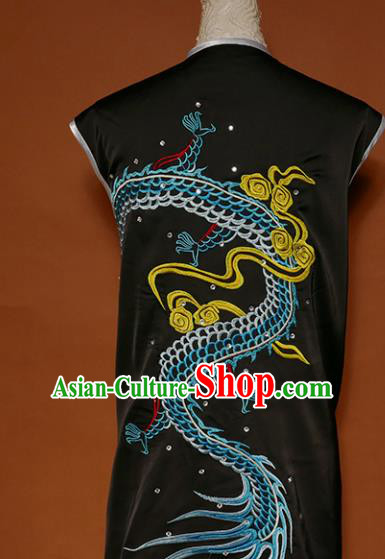 Top Kung Fu Group Competition Costume Martial Arts Wushu Embroidered Dragon Black Uniform for Men