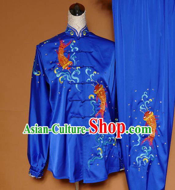 Top Group Kung Fu Costume Martial Arts Gongfu Training Uniform Tai Ji Embroidered Royalblue Clothing for Women
