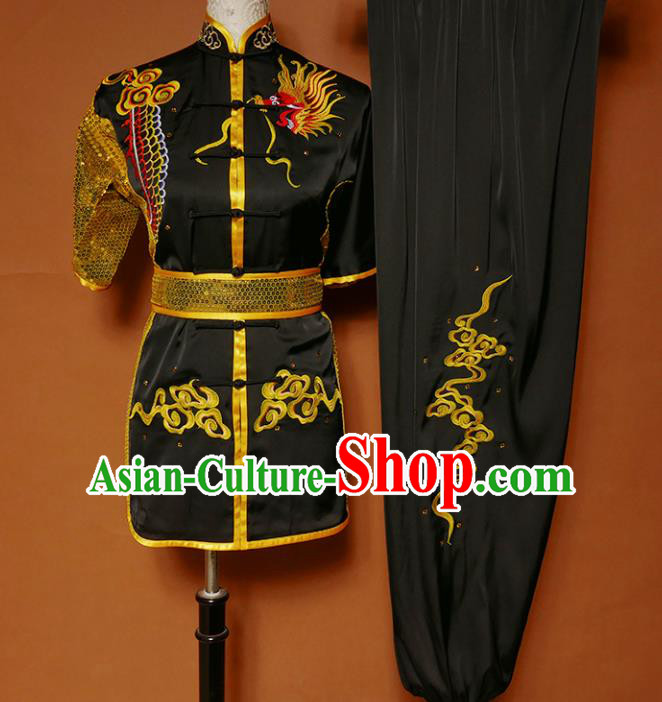 Top Kung Fu Competition Costume Group Martial Arts Training Embroidered Dragon Black Uniform for Men