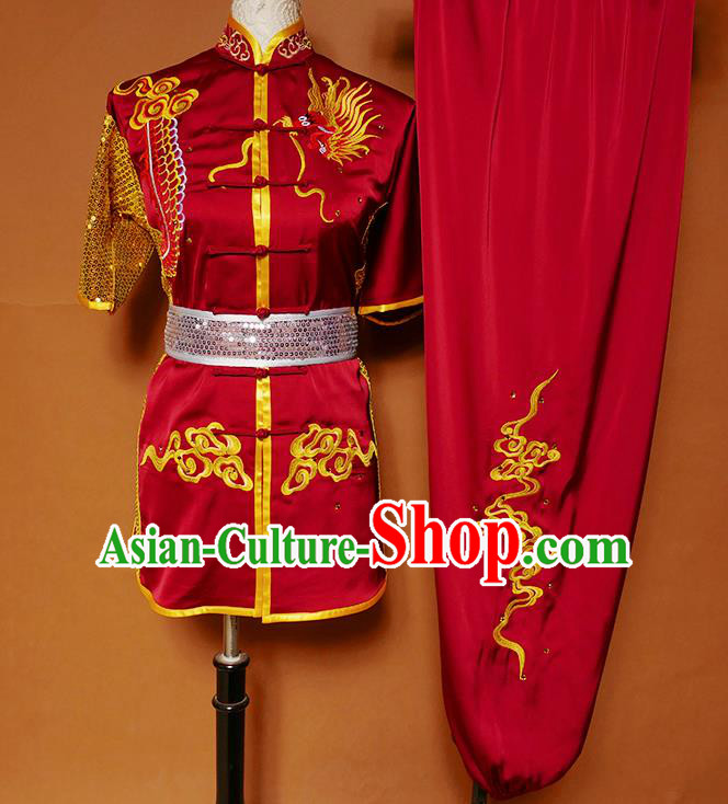 Top Kung Fu Competition Costume Group Martial Arts Training Embroidered Dragon Red Uniform for Men
