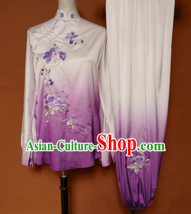 Top Group Kung Fu Costume Martial Arts Training Uniform Tai Ji Embroidered Purple Clothing for Women