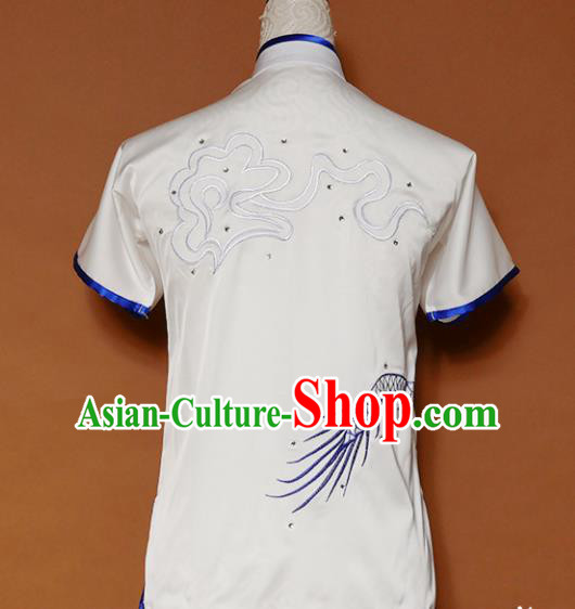 Top Kung Fu Group Competition Costume Martial Arts Wushu Embroidered Dragon White Uniform for Men
