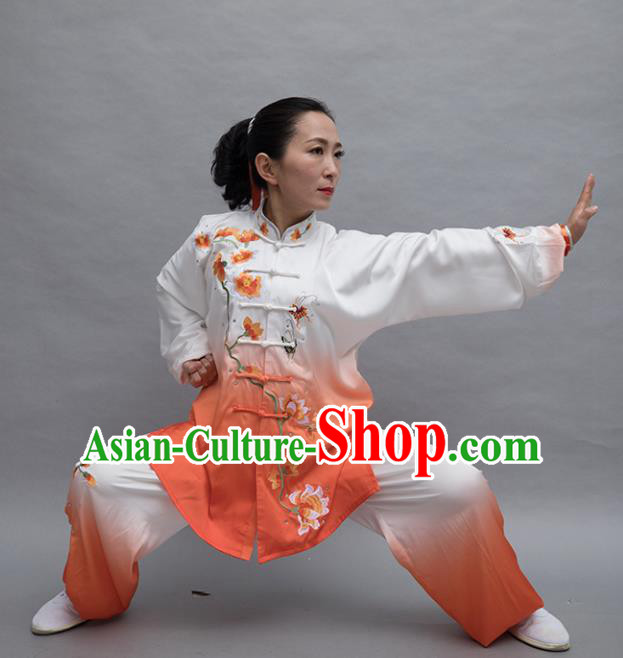 Top Tai Ji Training Embroidered Orange Uniform Kung Fu Group Competition Costume for Women