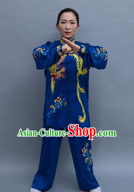 Top Tai Ji Training Embroidered Phoenix Deep Blue Uniform Kung Fu Group Competition Costume for Women