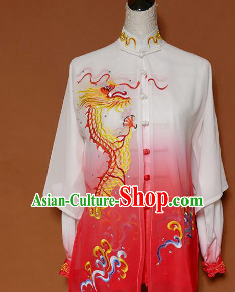 Top Grade Kung Fu Costume Martial Arts Training Tai Ji Embroidered Dragon Rosy Uniform for Adults