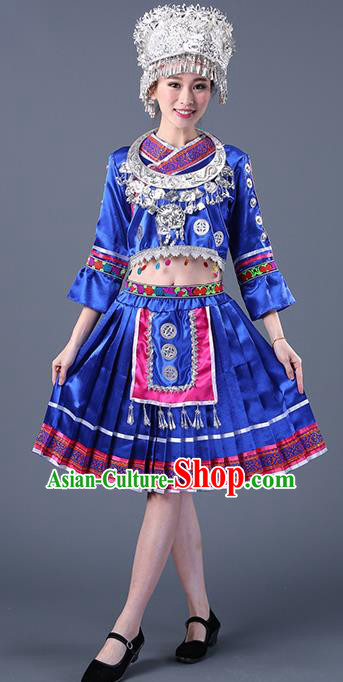 Chinese Traditional Ethnic Costume Miao Nationality Royalblue Pleated Skirt for Women