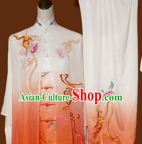 Top Tai Ji Training Embroidered Peony Orange Silk Uniform Kung Fu Group Competition Costume for Women