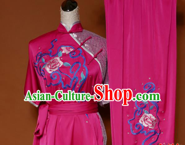 Top Martial Arts Training Embroidered Rosy Uniform Kung Fu Group Competition Costume for Women