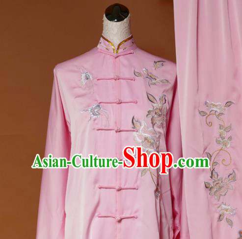 Chinese Traditional Tai Chi Training Embroidered Pink Silk Uniform Kung Fu Group Competition Costume for Women