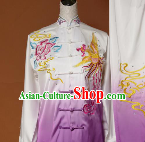 Chinese Traditional Tai Chi Training Embroidered Phoenix Peony Purple Uniform Kung Fu Group Competition Costume for Women