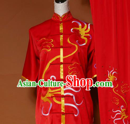Top Kung Fu Group Competition Costume Martial Arts Wushu Embroidered Red Uniform for Men