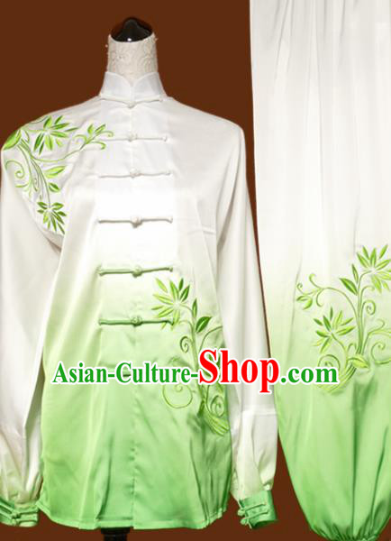 Chinese Traditional Tai Chi Embroidered Orchid Green Uniform Kung Fu Group Competition Costume for Women