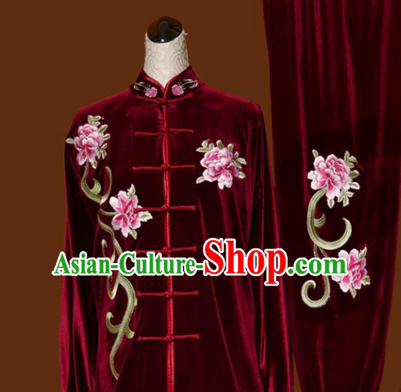 Chinese Traditional Tai Chi Embroidered Peony Red Velvet Uniform Kung Fu Group Competition Costume for Women