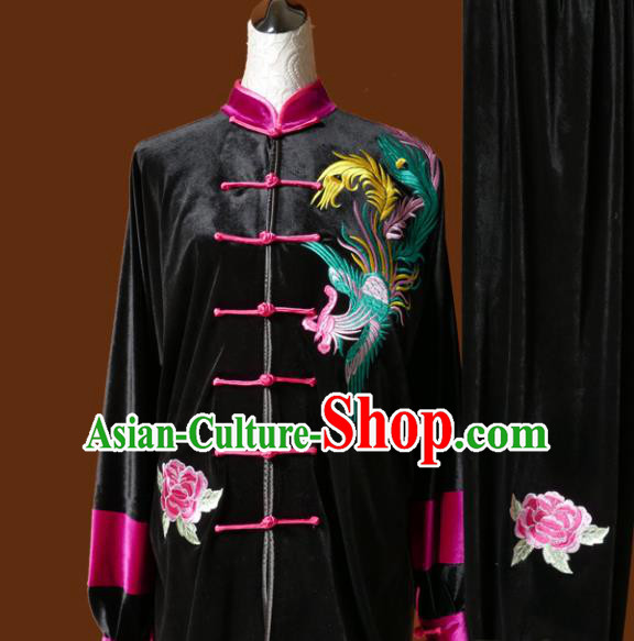 Chinese Traditional Tai Chi Embroidered Phoenix Black Velvet Uniform Kung Fu Group Competition Costume for Women