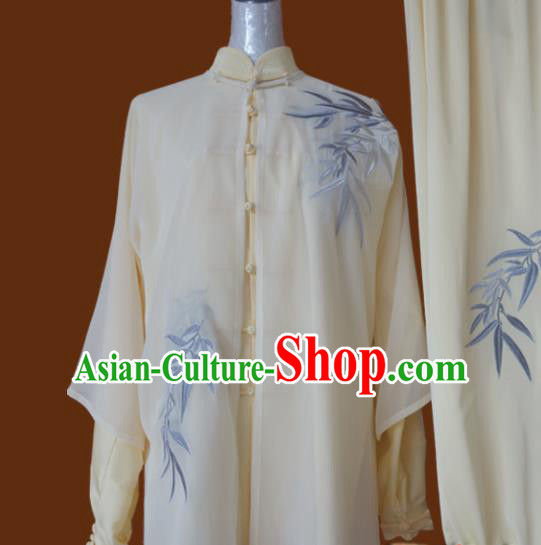 Top Grade Kung Fu Embroidered Bamboo Beige Costume Chinese Tai Chi Martial Arts Training Uniform for Adults