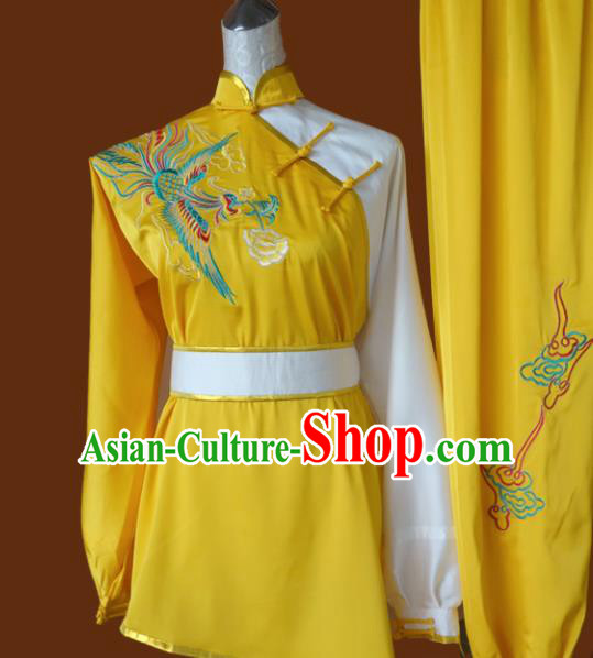 Chinese Traditional Martial Arts Embroidered Phoenix Yellow Uniform Kung Fu Group Competition Costume for Women