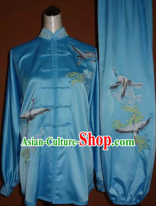 Top Grade Kung Fu Embroidered Cranes Blue Costume Chinese Tai Chi Martial Arts Training Uniform for Adults
