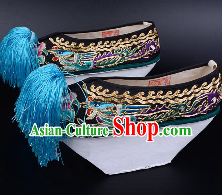 Professional Chinese Beijing Opera Shoes Ancient Qing Dynasty Princess Black Embroidered Shoes for Women