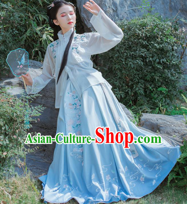 Chinese Traditional Embroidered Hanfu Dress Ancient Ming Dynasty Young Lady Historical Costume for Women