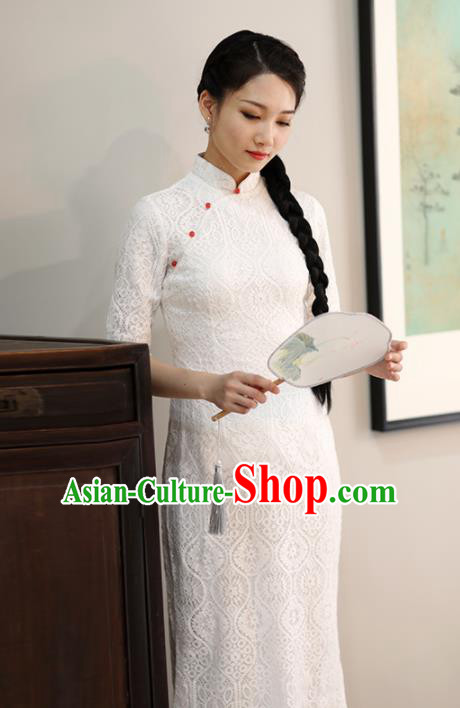 Chinese National Costume Traditional Classical Cheongsam White Lace Qipao Dress for Women