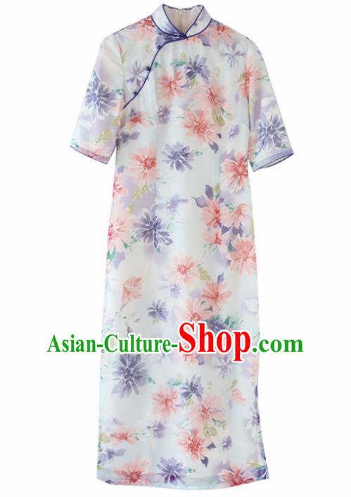 Chinese National Costume Traditional Classical Cheongsam Printing Flowers Qipao Dress for Women