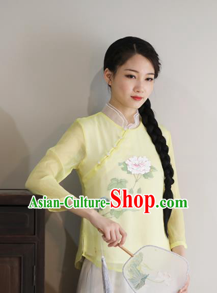 Chinese National Costume Traditional Classical Cheongsam Yellow Blouse for Women