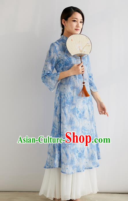 Chinese National Costume Traditional Classical Cheongsam Printing Blue Qipao Dress for Women