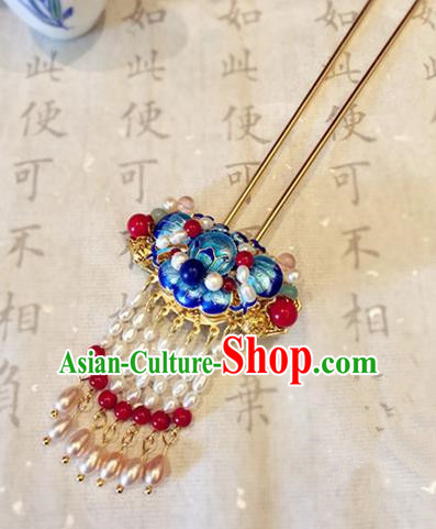 Chinese Ancient Handmade Palace Pearls Tassel Blueing Hairpins Traditional Classical Hair Accessories for Women