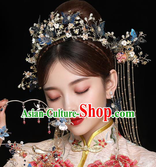 Chinese Ancient Handmade Blue Butterfly Phoenix Coronet Bride Hairpins Traditional Classical Wedding Hair Accessories for Women