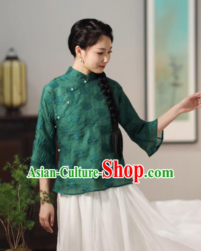 Chinese National Costume Traditional Classical Cheongsam Deep Green Blouse for Women