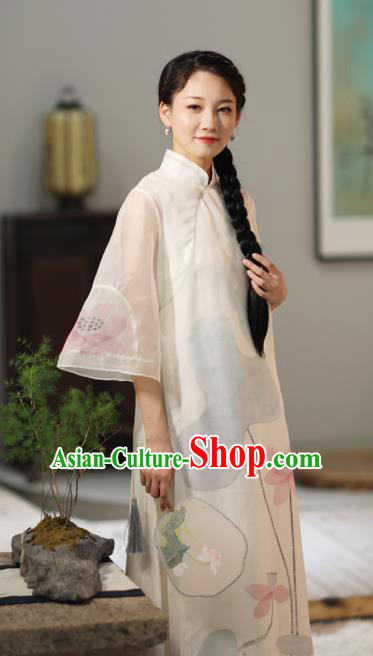 Chinese National Costume Traditional Classical Cheongsam Printing Lotus White Qipao Dress for Women